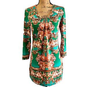 Etcetera Tunic/Dress Jersey Green Beige Jeweled Print 3/4 Sleeve Slit Sides SZ S